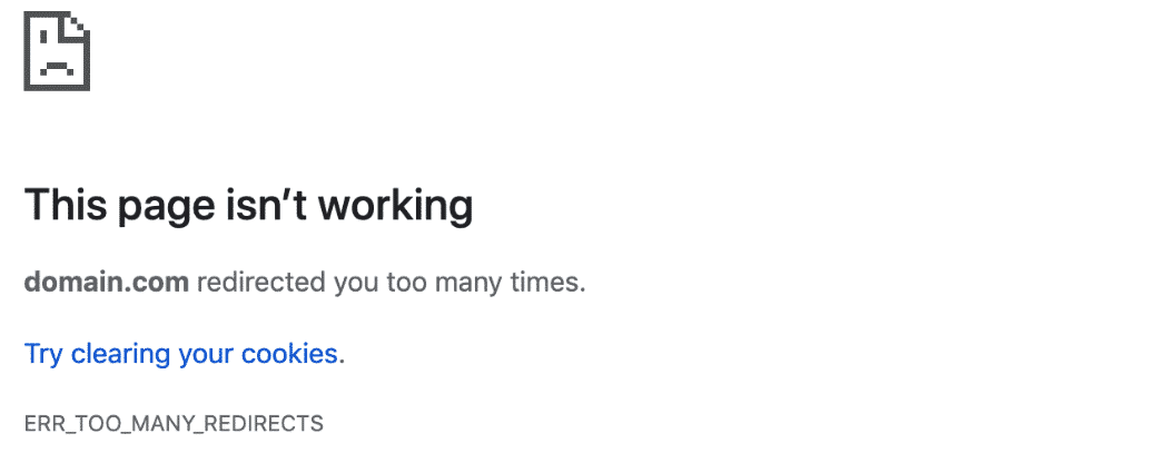 Screenshot of the ERR_TOO_MANY_REDIRECTS in WordPress